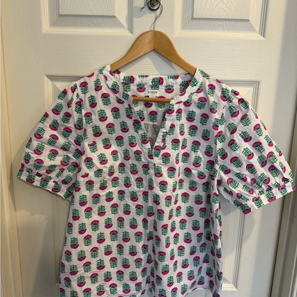 J. Crew Tops - J. Crew White Top with Pink Floral & Green Leaf Pattern